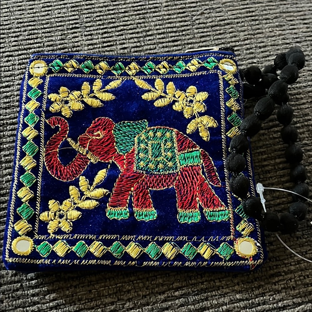 Blue and Red Embroidered Elephant Wristlet